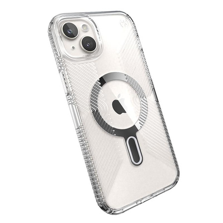 Speck Presidio Perfect-Clear Grip ClickLock & MagSafe - Coque iPhone 15 Plus / iPhone 14 Plus (Clair / Finition Chrome / Argent Serein)