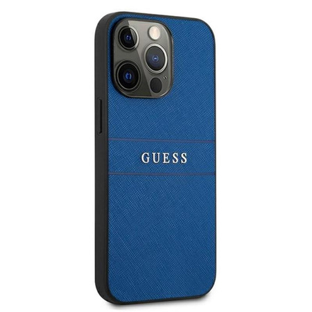 Pouzdro Guess Saffiano Metal Logo Stripes - iPhone 13 Pro (modré)