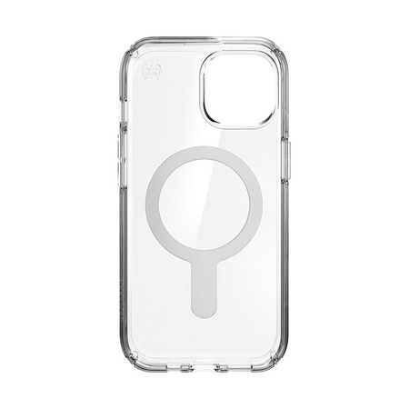 Speck Presidio Perfect-Clear ClickLock & MagSafe - pouzdro pro iPhone 16e / iPhone 15 / iPhone 14 / iPhone 13 (čiré / chromované provedení / stříbrná barva)