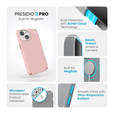 Speck Presidio2 Pro Magsafe - pouzdro iPhone 16e / iPhone 15 / iPhone 14 / iPhone 13 (Dahlia Pink / Rose Copper / White)