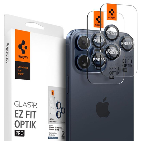 Spigen Optik.TR EZ Fit kamera objektívvédő - Objektívvédő üveg iPhone 15 Pro / 15 Pro Max / iPhone 14 Pro / 14 Pro Max készülékhez (2 db) (kék titán)