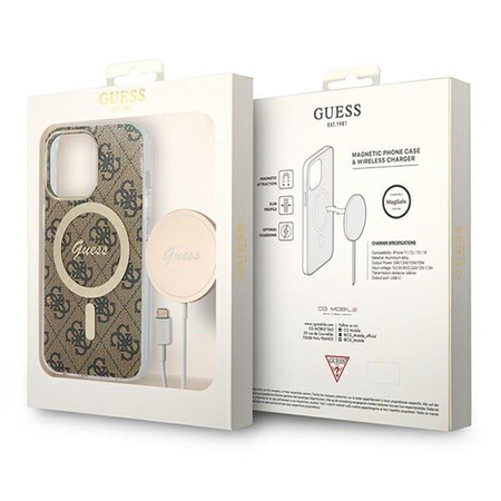 Guess Bundle Pack MagSafe 4G - pouzdro MagSafe pro iPhone 13 Pro + sada nabíječky (hnědá/zlatá)