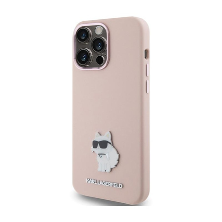 Karl Lagerfeld Silikonový kovový špendlík Choupette - pouzdro pro iPhone 15 Pro Max (růžové)