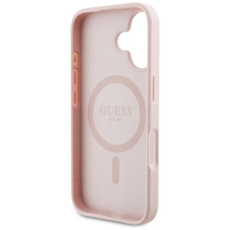Guess Étui MagSafe pour iPhone 16, logo Triangle en tampons chauds et granuleux (rose)