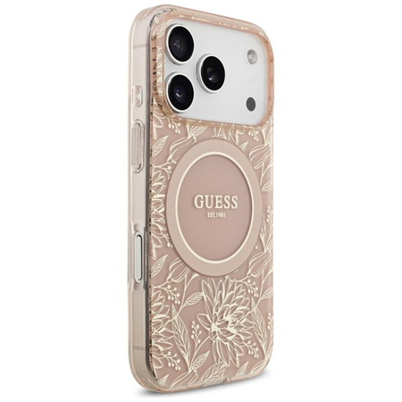 Guess IML Flowers Electro Pearl Strap MagSafe - Hülle iPhone 17 Pro (rosa)