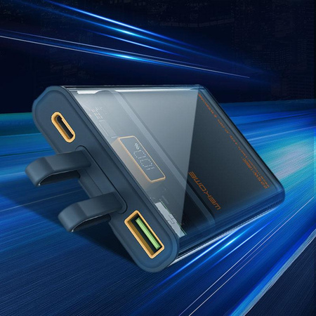 WEKOME WP-323 Vanguard Series - Power banka 10000 mAh se super nabíjením a integrovaným USB-C a Lightning PD 20W + QC 22,5W kabelem (černá / průhledná)