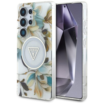 Guess Glitter Flowers Triangle Buttons MagSafe - étui pour Samsung Galaxy S25 Ultra (blanc)