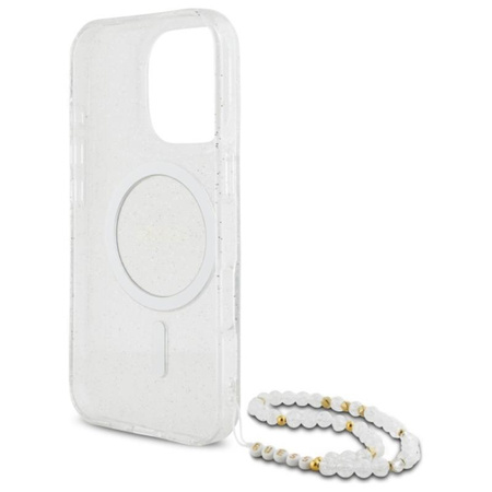 Guess IML Glitter With Pearl Strap MagSafe - pouzdro pro iPhone 16 Pro Max (průhledné)