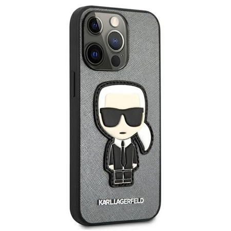 Karl Lagerfeld Saffiano Ikonik Patch - pouzdro pro iPhone 13 Pro (stříbrné)