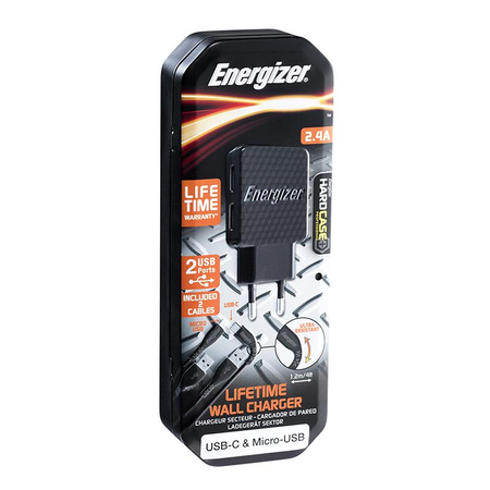 Energizer HardCase - Kompakt hálózati töltő 2x USB-A + USB-C és Micro USB kábel (fekete) élettartam garancia