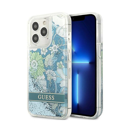 Guess Liquid Glitter Flower - Coque iPhone 13 Pro Max (bleu/vert)