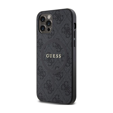 Guess 4G Collection Leder Metall Logo MagSafe - iPhone 12 / iPhone 12 Pro Tasche (schwarz)