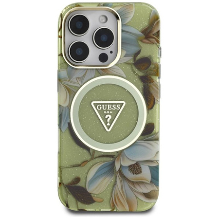 Guess Glitter Flowers Triangle Buttons MagSafe - étui pour iPhone 16 Pro (vert)