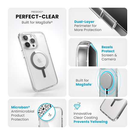 Speck Presidio Perfect-Clear MagSafe - iPhone 15 Pro Max Case (Clear / Chrome Finish / Serene Silver)