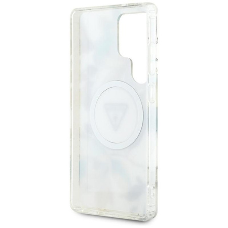 Guess Glitter Flowers Triangle Buttons MagSafe - Case for Samsung Galaxy S25 Ultra (white)