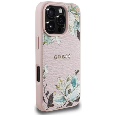 Guess MagSafe - pouzdro s potiskem květin pro iPhone 16 Pro Max (růžové)