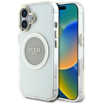 Guess IML Metallfarbener Kreis Klassisches Logo MagSafe - Hülle für iPhone 16 (grau)