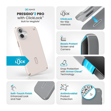 Speck Presidio2 Pro ClickLock & MagSafe – iPhone 16 Plus tok (fehérített csont / örökarany / mogyoróbarna)