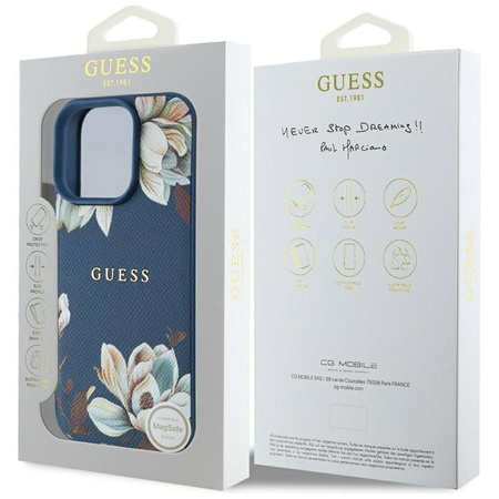 Guess szemcsés nyomtatott virágmintás MagSafe - tok iPhone 16 Pro Max készülékhez (kék)
