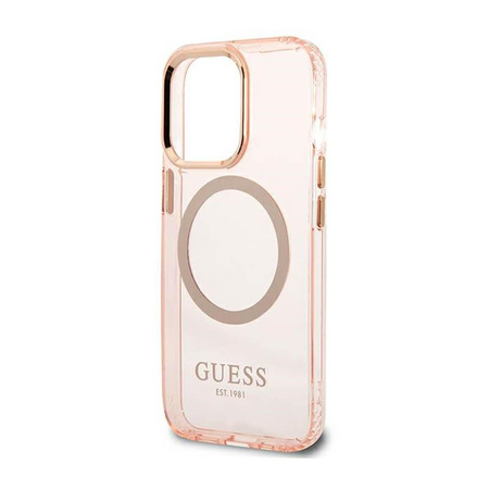 Guess Gold Outline Průsvitné pouzdro MagSafe - iPhone 13 Pro Max (růžové)