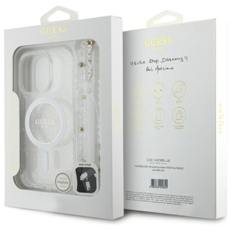 Guess IML Glitter With Pearl Strap MagSafe - pouzdro pro iPhone 16 Pro Max (průhledné)