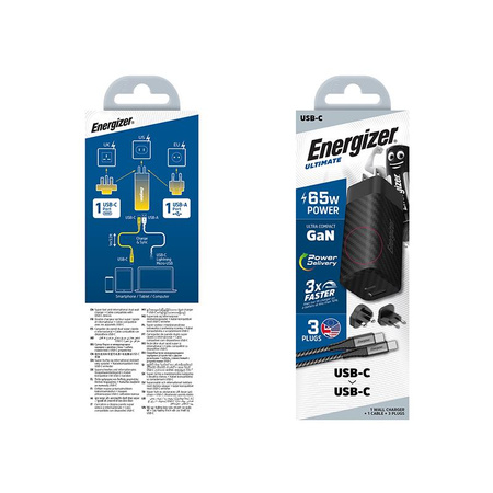 Energizer Ultimate - Multiplug EU / UK / US GaN USB-C & USB-A 65W PD chargeur secteur + câble USB-C (Noir)