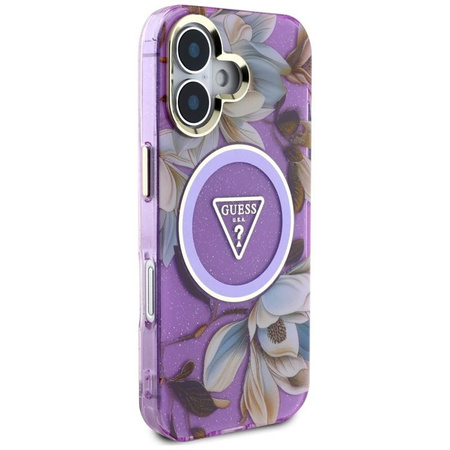 Guess Glitter Flowers Triangle Buttons MagSafe - Pouzdro pro iPhone 16 (fialový)