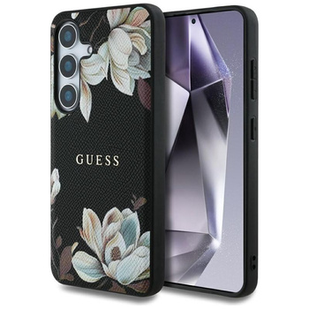 Guess Grained Flower Pattern MagSafe - étui pour Samsung Galaxy S25 (noir)