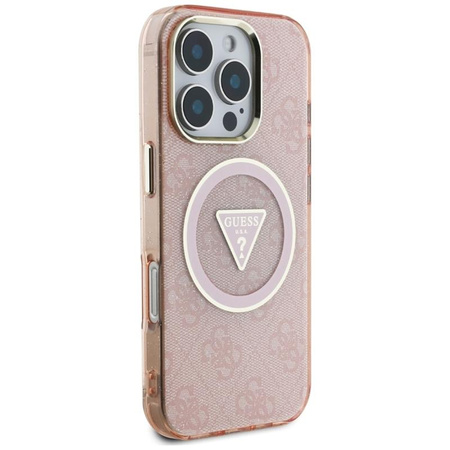 Guess IML Metal Glitter 4G Circle Triangle MagSafe - Coque pour iPhone 16 Pro (rose)