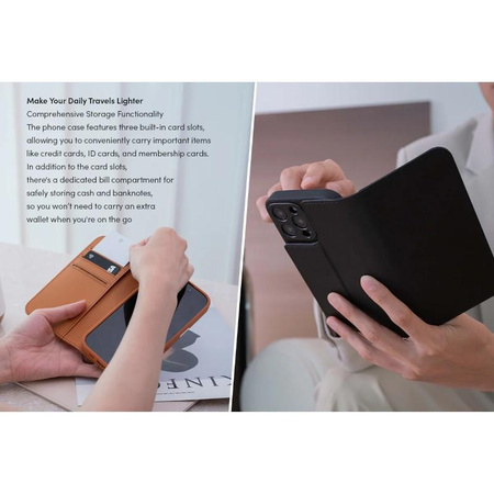 Moshi Overture MagSafe - kožené flipové pouzdro 3 v 1 pro iPhone 16 Pro (Charcoal Black)