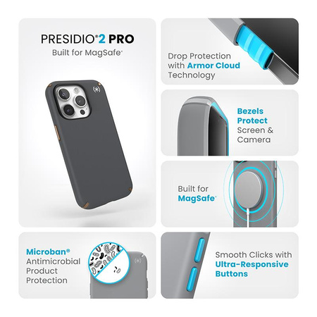 Speck Presidio2 Pro Magsafe - iPhone 15 Pro Case (Charcoal Gray / Cool Bronze / White)