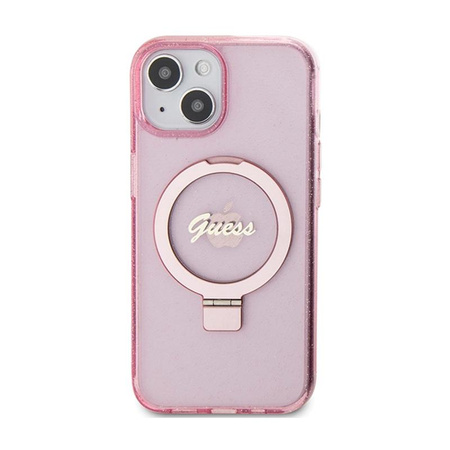 Guess Ring Stand Script Glitter MagSafe - Etui iPhone 15 Plus (różowy)