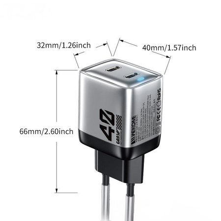 WEKOME WP-U02 Mecha Series - Chargeur de courant 2x USB-C Super Fast Charger GaN 40W (Argent)