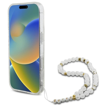 Guess IML Glitter With Pearl Strap MagSafe - pouzdro pro iPhone 16 Plus (průhledné)