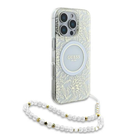 Guess IML Flowers Allover Electro With Pearl Strap MagSafe - pouzdro pro iPhone 16 Pro Max (bílé)