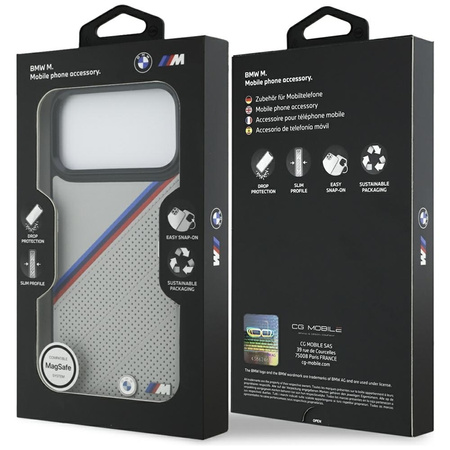 Pouzdro BMW M Tricolor Metal Logo MagSafe pro iPhone 17 Pro Max (šedé)