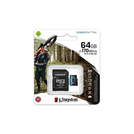 Kingston Canvas Go Plus microSDXC - 64GB A2 V30 Class 10 UHS-I U3 memóriakártya 170/70 Mbps 170/70 Mbps adapterrel