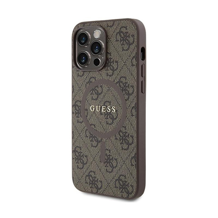 Guess 4G Collection Cuir Logo Métal MagSafe - Étui pour iPhone 15 Pro (marron)