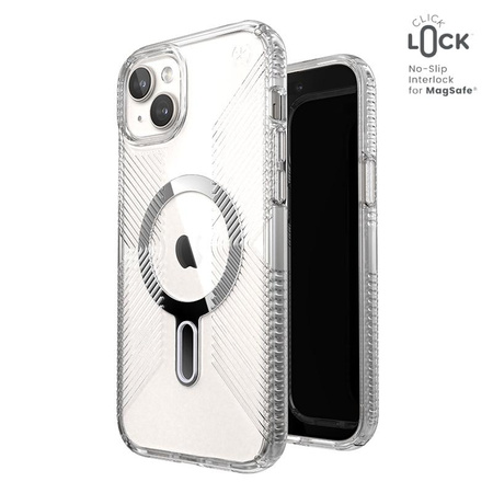Speck Presidio Perfect-Clear Grip ClickLock & MagSafe - pouzdro pro iPhone 15 Plus / iPhone 14 Plus (čiré / chromové provedení / stříbrná barva)