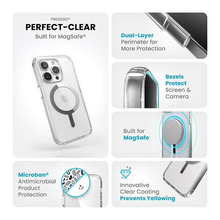 Speck Presidio Perfect-Clear MagSafe - Gehäuse für iPhone 15 Pro (Klar / Chromglanz / Silber)