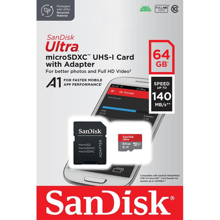 SanDisk Ultra microSDXC - 64 GB A1 Class 10 UHS-I U1 140 MB/s memory card with adapter