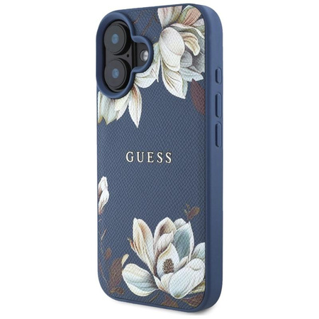 Guess MagSafe - Tasche mit genarbtem Blumenmuster für iPhone 16 (blau)