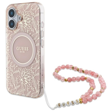 Guess IML Flowers Allover Electro With Pearl Strap MagSafe - iPhone 16 Case (pink)