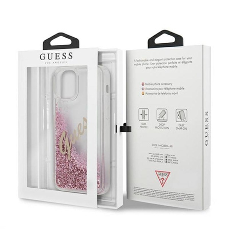 Guess Glitter Vintage Script - Etui iPhone 12 / iPhone 12 Pro (różowy)