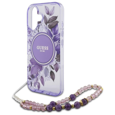 Guess IML Flowers With Pearl Strap MagSafe - pouzdro pro iPhone 16 (fialové)