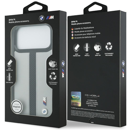 Custodia MagSafe con logo BMW M a strisce perforate per iPhone 17 Pro Max (grigio)