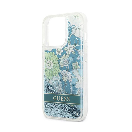 Guess Liquid Glitter Flower - Coque iPhone 13 Pro Max (bleu/vert)