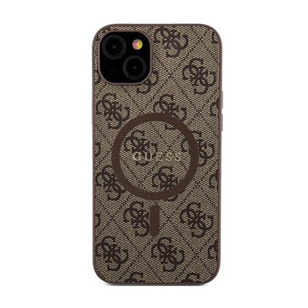 Guess 4G Collection Cuir Logo Métal MagSafe - étui pour iPhone 15 / 14 / 13 (marron)