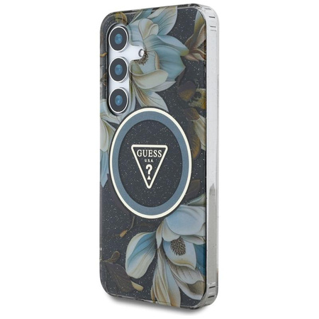 Guess Glitter Flowers Triangle Buttons MagSafe - Case for Samsung Galaxy S25 (black)