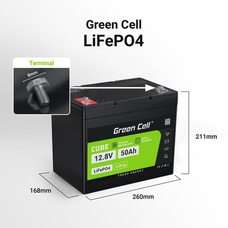 Green Cell - Batterie LiFePO4 12V 12.8V 50Ah pour systèmes photovoltaïques, camping-cars et bateaux